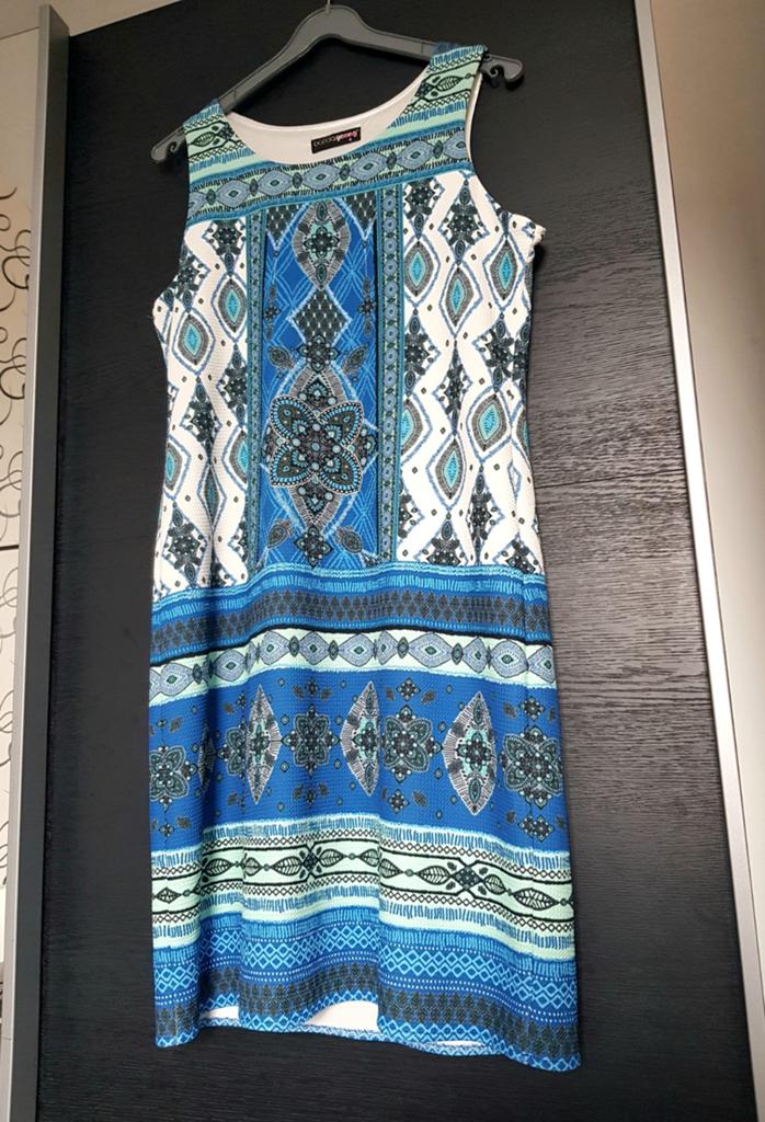 Batida mouwloze jurk met geometrische print Blauw/Wit, Ophalen of Verzenden, Zo goed als nieuw, Maat 46/48 (XL) of groter, Blauw