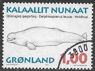 GROENLAND 1 Kr. zegel Groenl. Walvissen - Witte Dolfijn 1996, Verzenden, Denemarken, Gestempeld