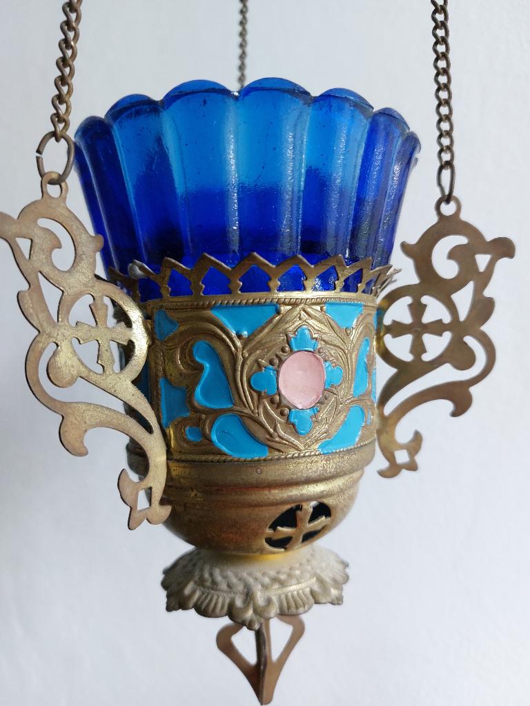 messing lampada blauwe glazen houder emaille details, Antiek en Kunst, Antiek | Emaille, Ophalen
