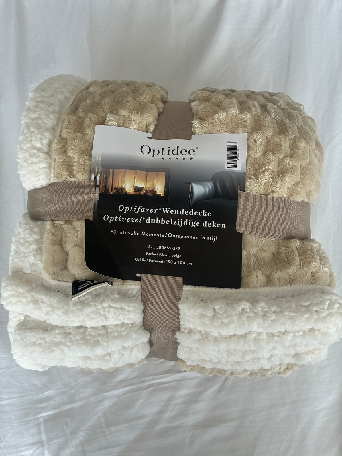 Optidee dubbelzijdige woondeken beige wit, Woondeken, Verzenden, Beige, 200 cm