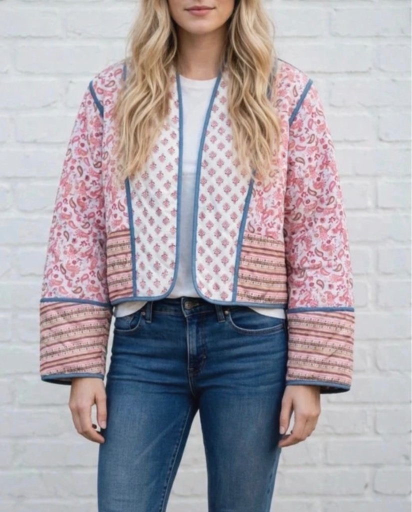 Cropped Gewatteerd Jasje – Boho Bloemenprint, Maat 38/40 (M), Blauw, Nieuw, Ophalen of Verzenden
