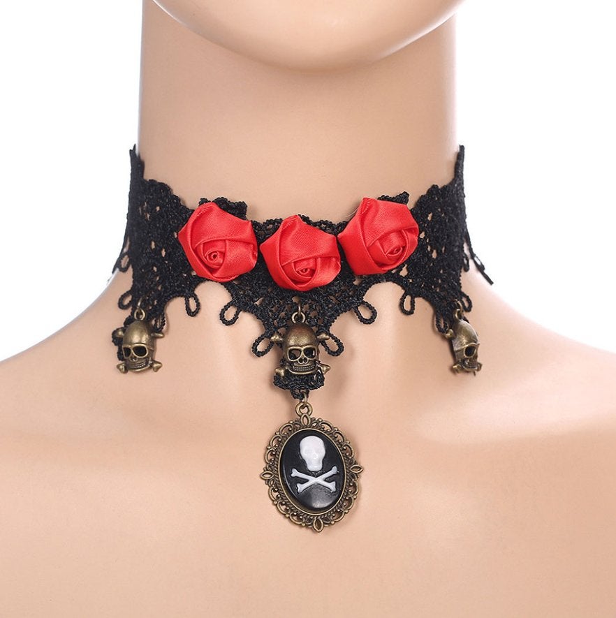 Doodskop choker (sieraad ketting victoriaanse kant gothic), Verzenden, Nieuw, Zwart, Overige materialen