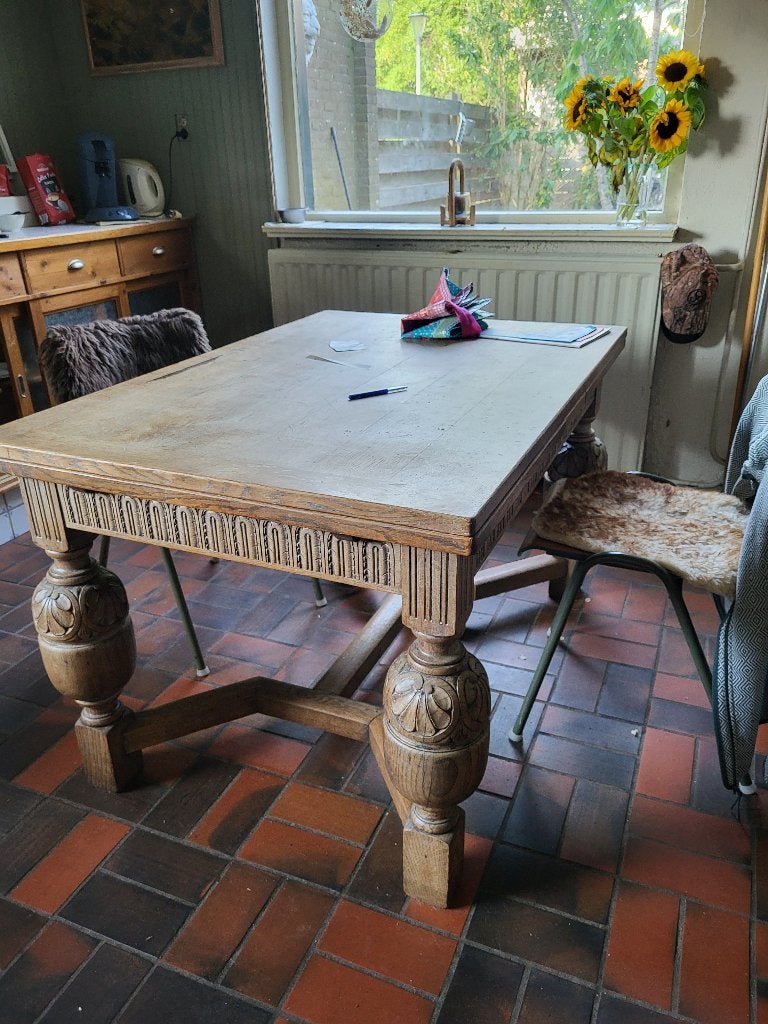 Antieke eiken eettafel, Gebruikt, 100 tot 150 cm, Eikenhout, 50 tot 100 cm