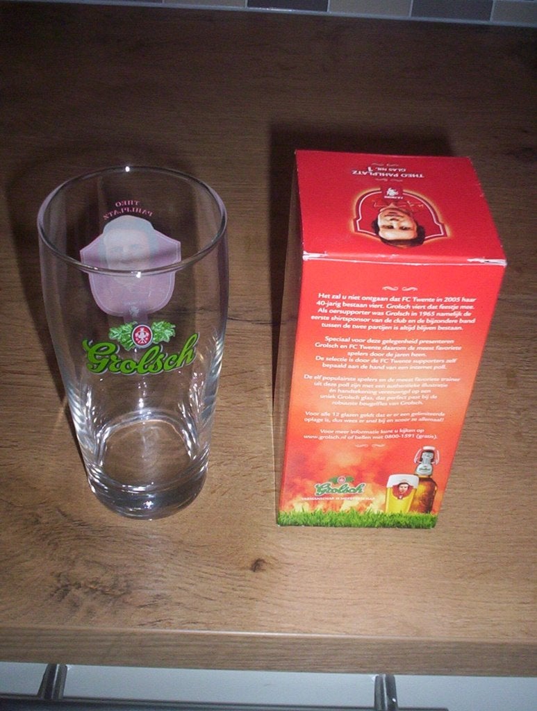 glas met doosje Theo Pahlplatz fc twente (grolsch bier), Ophalen of Verzenden, Zo goed als nieuw, Glas of Glazen, Grolsch