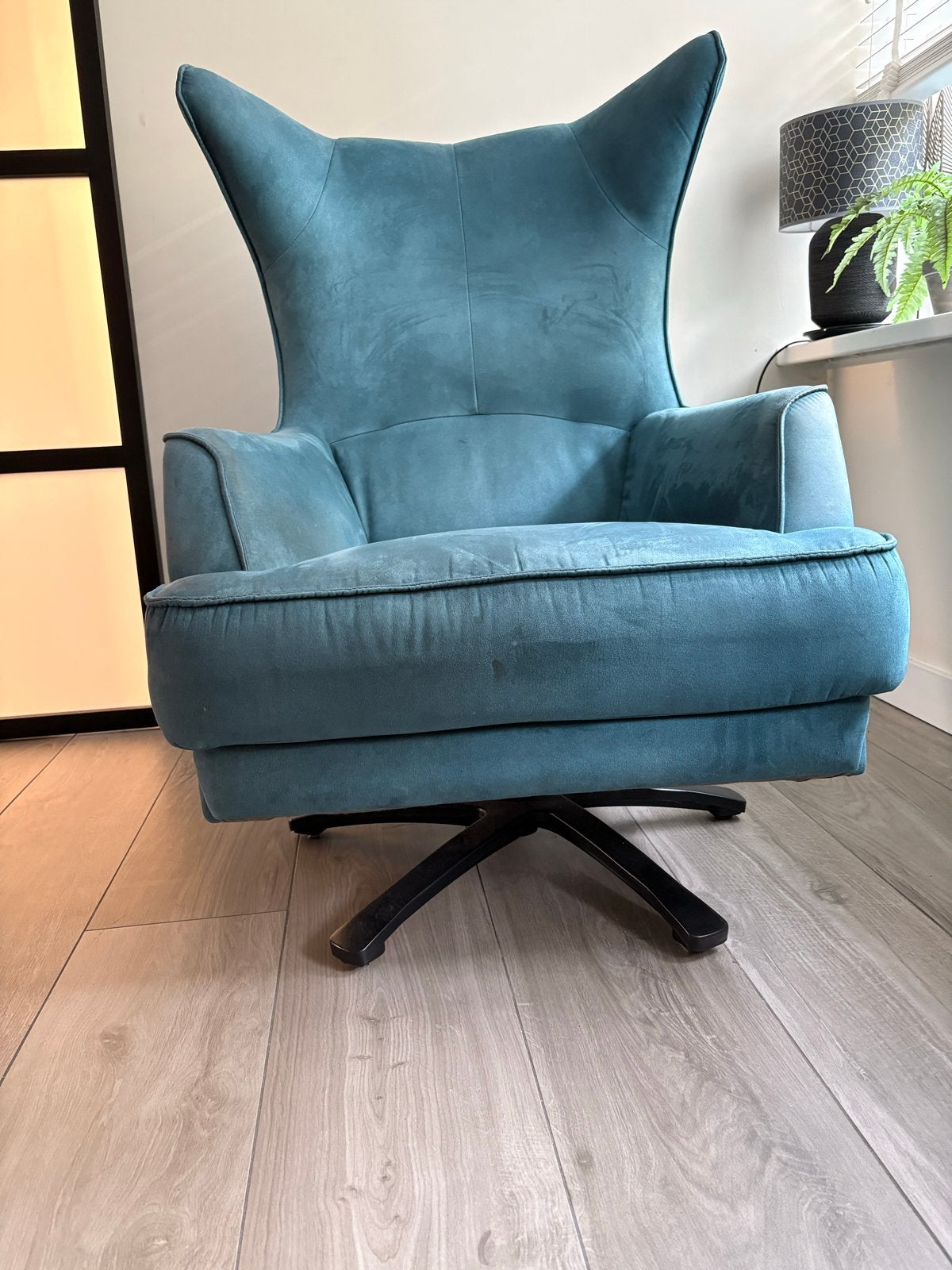 Comfortabele draaibare fauteuil van H&H in blauwgroen, Ophalen, Zo goed als nieuw, Stof, 75 tot 100 cm