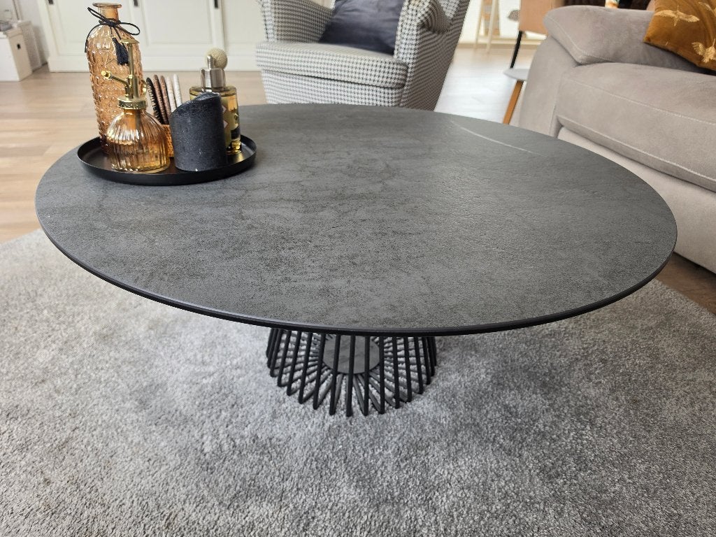 Salontafel Tuelip Wire - Keramiek Antraciet, Metaal Zwart, Ophalen, 50 tot 100 cm, Modern, Industrieel, Rond