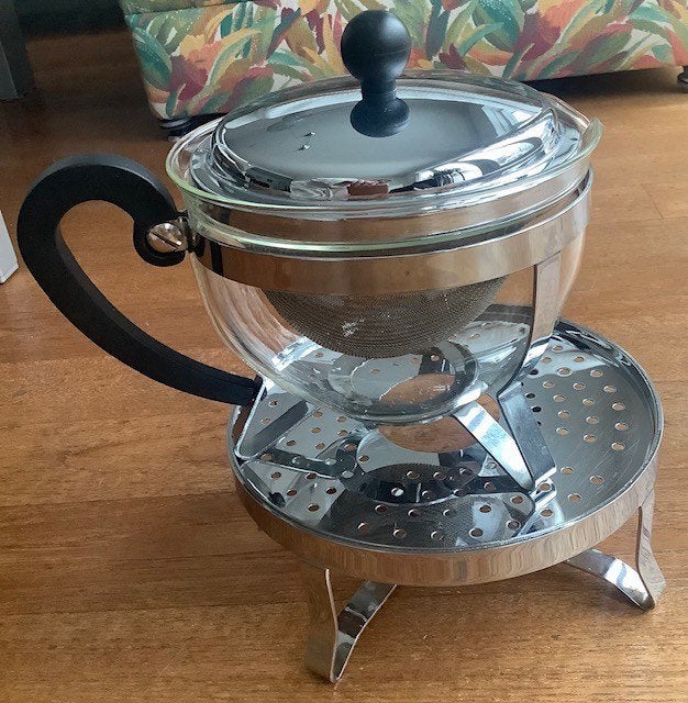 Bodum theekan thepot met rechaud theewarmer zilver, Gebruikt, Overige typen, Ophalen of Verzenden, Glas