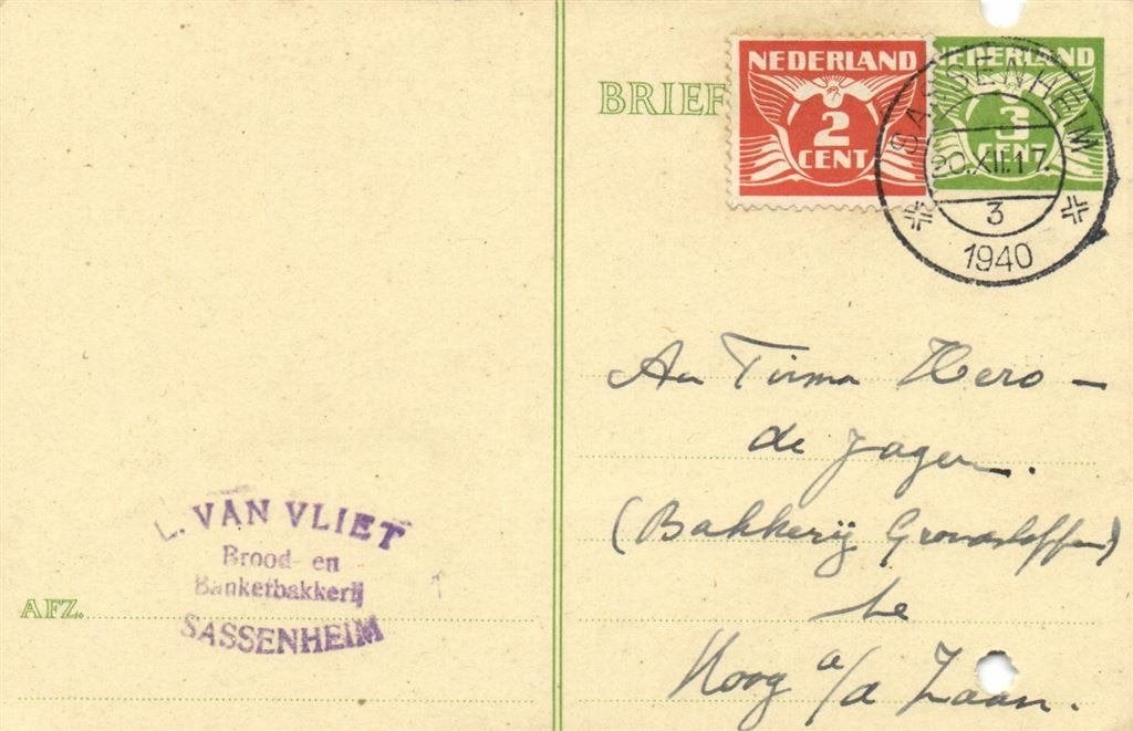 L. van Vliet, Sassenheim - 12.1940 - briefkaart, Ophalen of Verzenden, Briefkaart