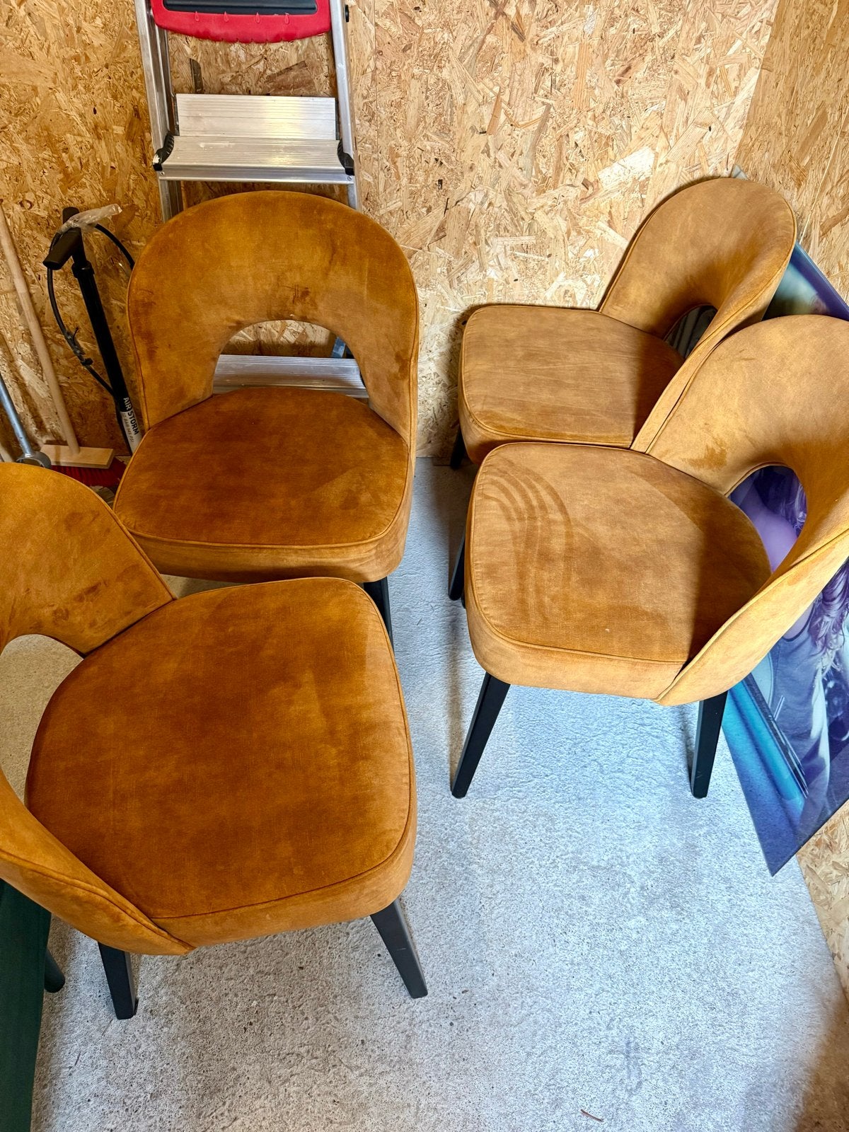 Set van 4 cognac eetkamerstoelen, zithoogte 48cm, Ophalen, Gebruikt, Bruin, Vier