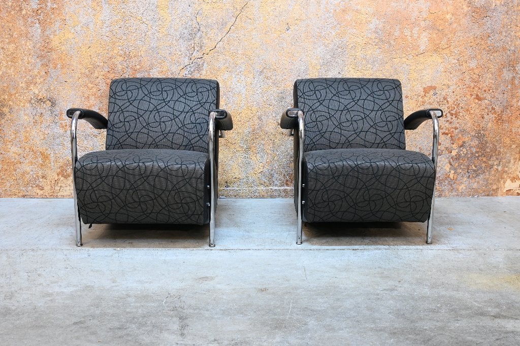 ZGAN 2 Leolux Scylla design fauteuils in grijze motiefstof, Leolux, Leolux, Leer, 75 tot 100 cm