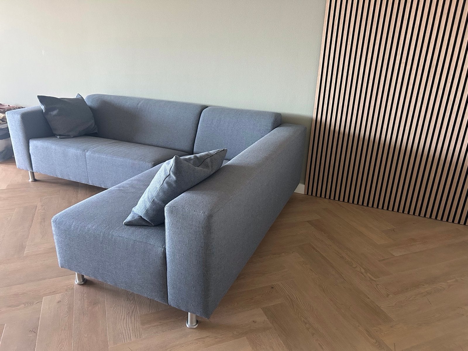 Moderne blauw grijze hoekbank met chaise longue, Ophalen, Hoekbank, Driepersoons, 75 tot 100 cm