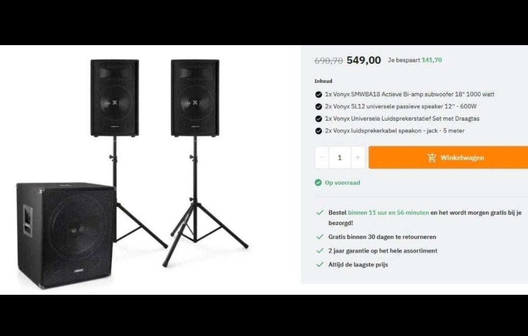 Vonyx speakerset (2 stuks) - Gebruikt, maar goed werkend, Ophalen