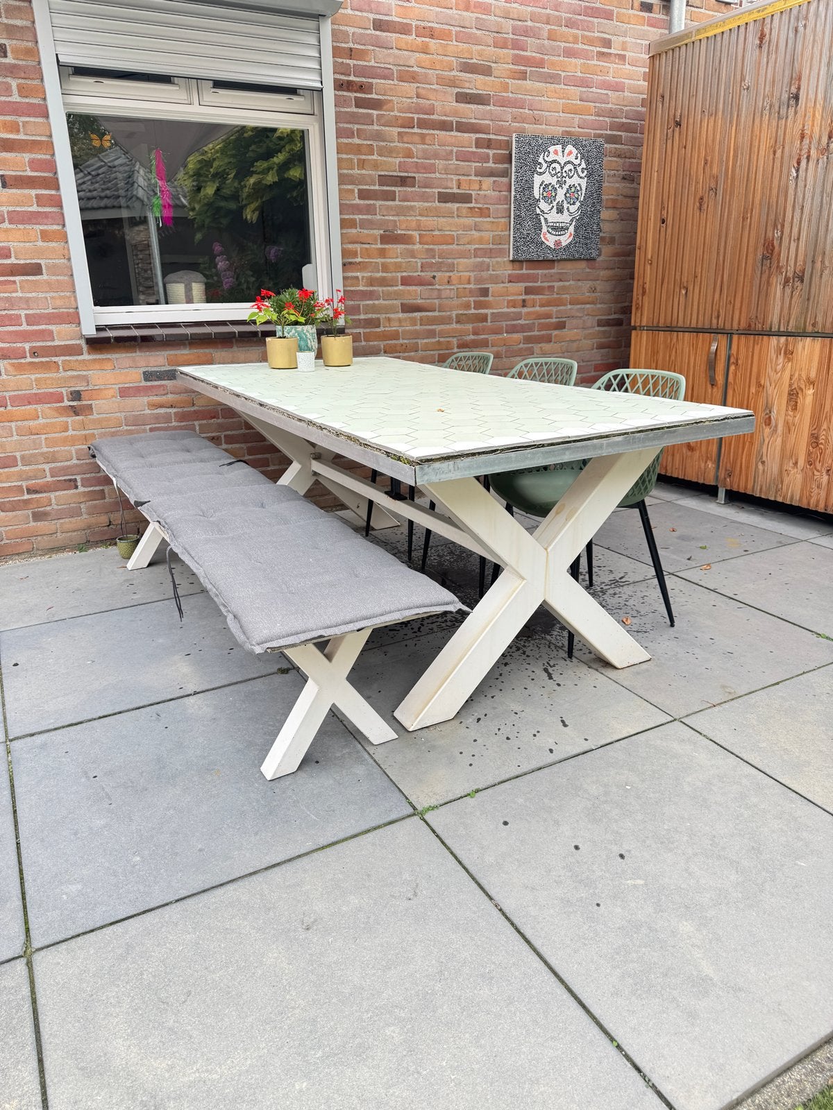 Grote tuintafel met bank en stoelen, Ophalen, Gebruikt, Rechthoekig, Hout