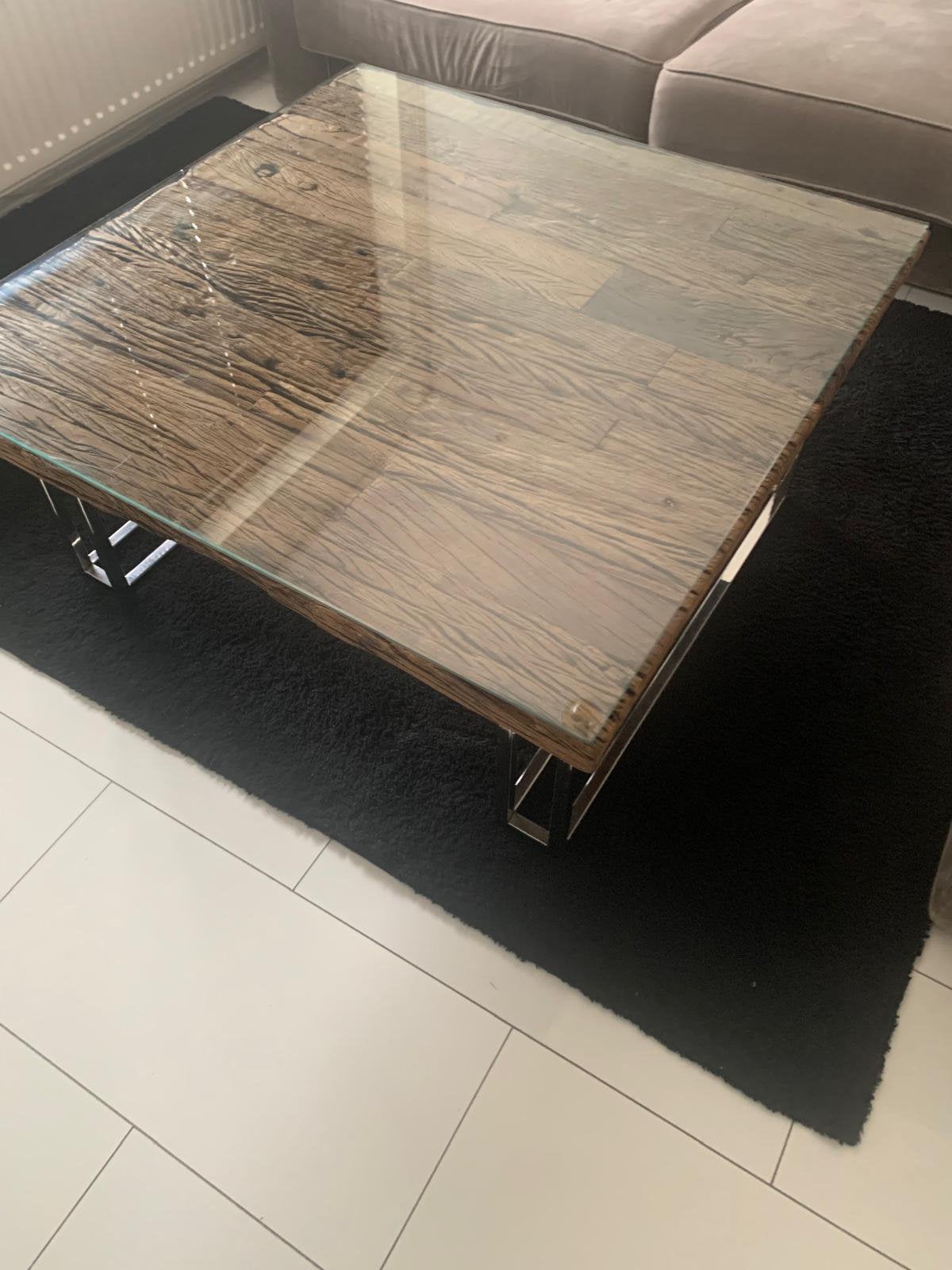 Eric kuster styl salontafel met glasplaat, 100 tot 150 cm, Zo goed als nieuw, Rechthoekig, 50 tot 100 cm