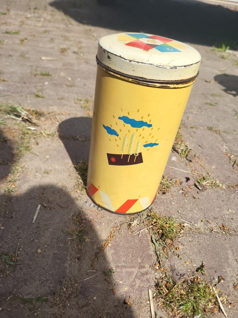 Mooie Oude Beschuitbus - Vintage Blik met Kleurrijke Print, Ophalen of Verzenden
