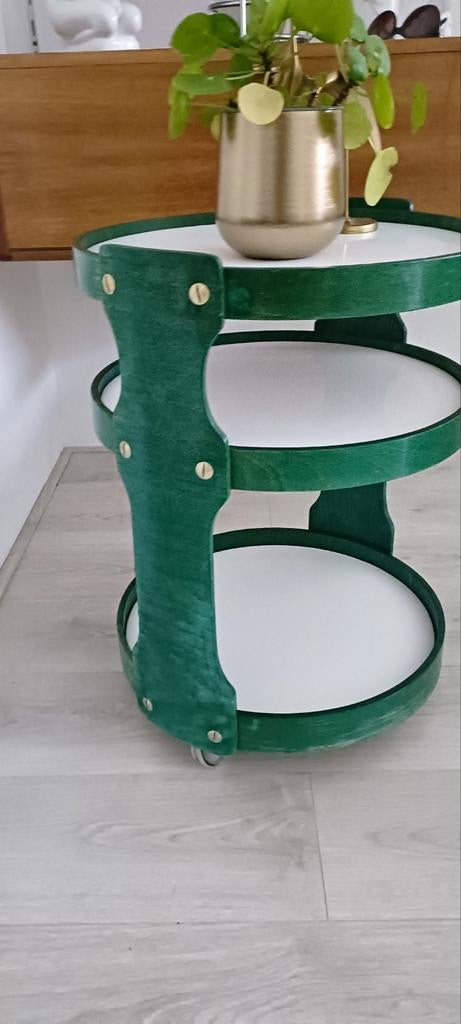 Vintage bijzettafel trolley groen hout formica, Ophalen
