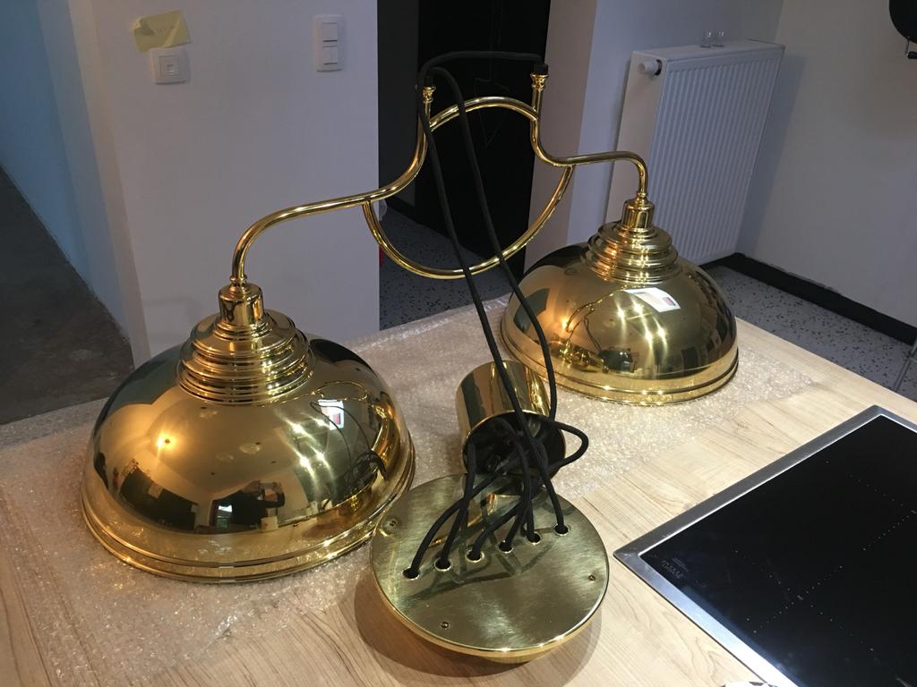 Koper/messing hanglamp met twee lampenkappen, Huis en Inrichting, Ophalen, Gebruikt, Metaal, 50 tot 75 cm
