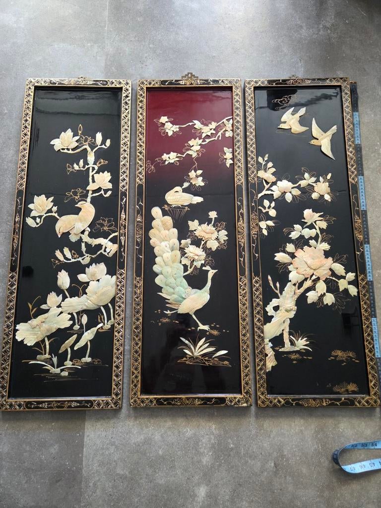 3 Chinese lakpanelen met parelmoer inleg - Vintage, Antiek en Kunst, Kunst | Niet-Westerse kunst, Ophalen