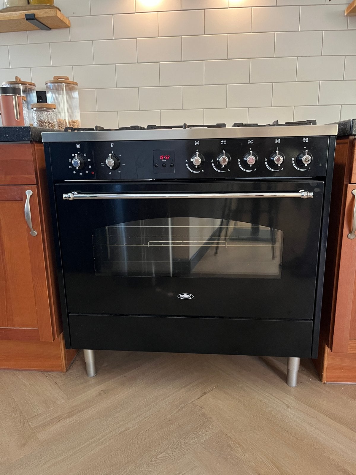 Belling SCR 900 DFT Zwart Fornuis met Gas Kookplaat, Ophalen, Gebruikt, Hete lucht, 60 cm of meer