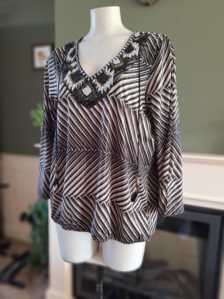 K-Design K design zwart beige top shirt XL, K-design, Verzenden, Zwart, Maat 46/48 (XL) of groter