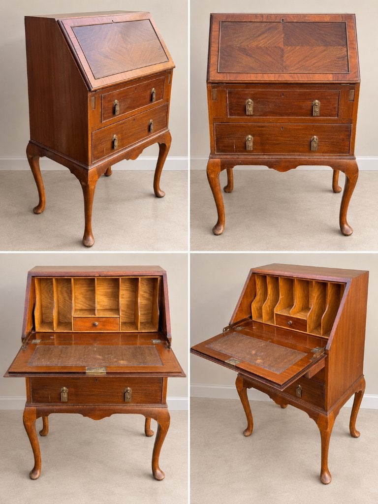 Antieke houten secretaire met klep en messing beslag, Huis en Inrichting, Ophalen of Verzenden, Gebruikt, Klassieke Engelse secretaire Queen Anne-stijl,   cabriolepoten