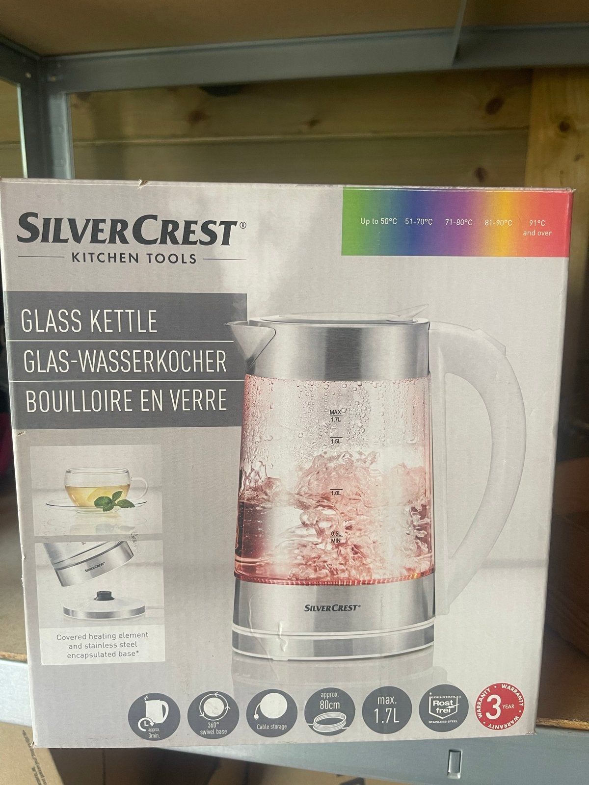 SilverCrest Glazen Waterkoker - Nieuw in Doos, 1 tot 2 liter, Ophalen of Verzenden, Nieuw, Rvs