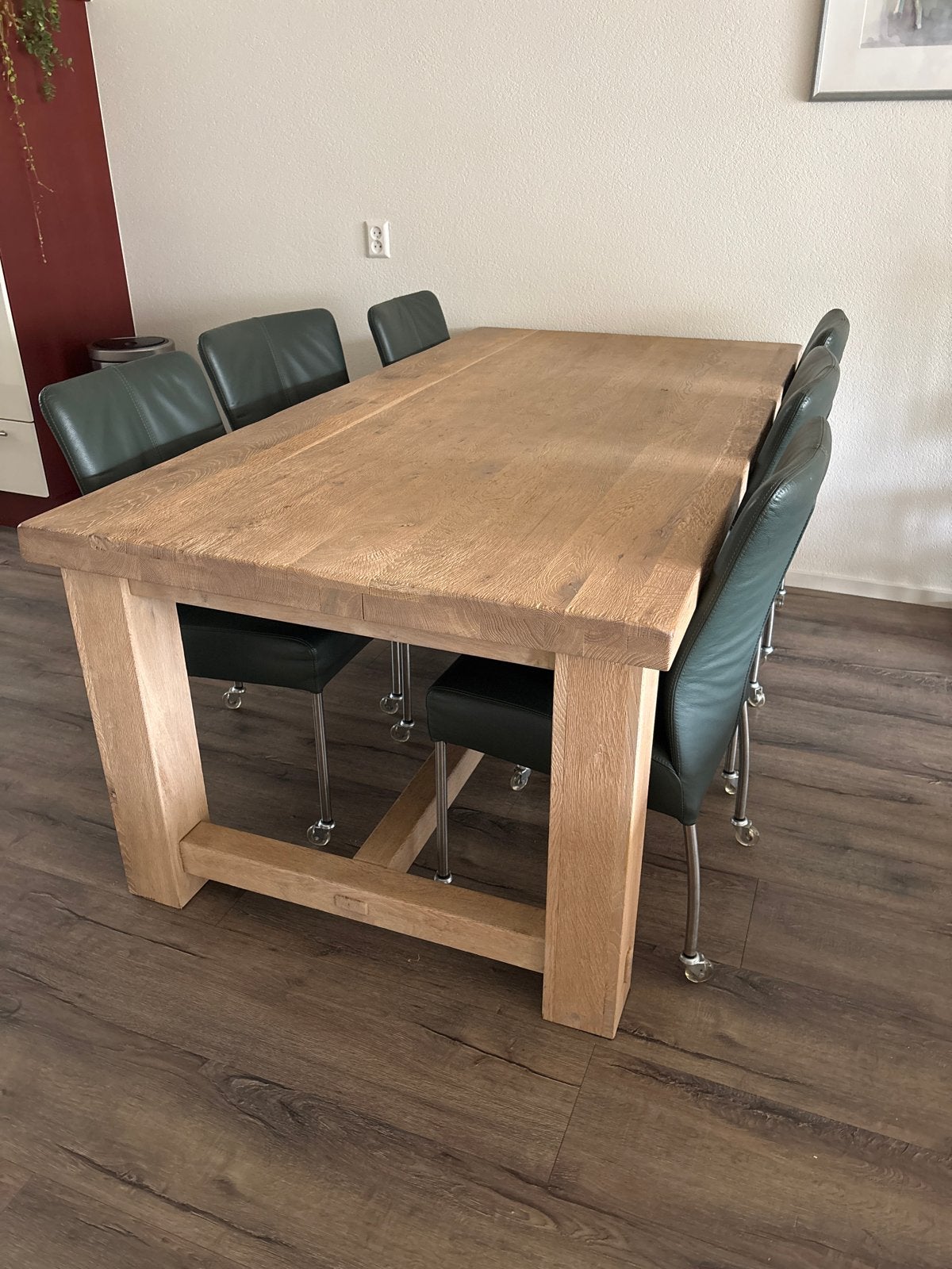 Eettafel met 6 donkergroene lederen stoelen, Ophalen, Gebruikt, 50 tot 100 cm, Vijf personen of meer