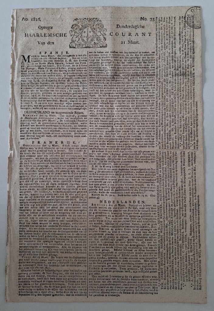 Opregte Donderdagsche Haarlemsche Courant 21 Maart 1816, Boeken, Tijdschriften en Kranten, Gelezen, Krant, Verzenden