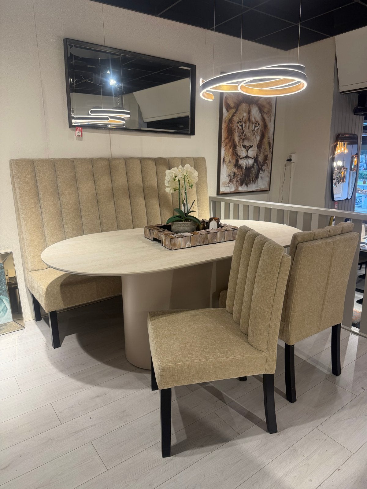 Showroommodel: Eetbank (180cm) + 2 stoelen - Nu €895,-, Twee, Overige kleuren, Ophalen of Verzenden, Zo goed als nieuw