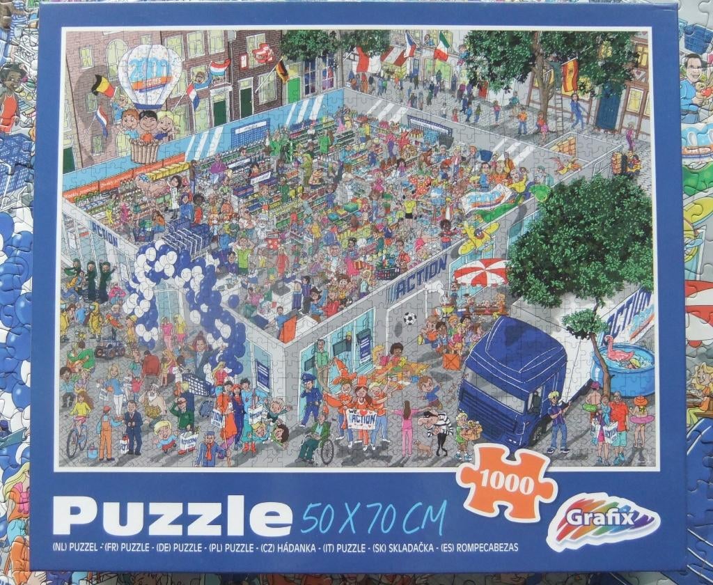 1000 st puzzel uitgave ter gelegenheid 2000e winkel Action, Ophalen of Verzenden, 500 t/m 1500 stukjes, Gebruikt, Legpuzzel