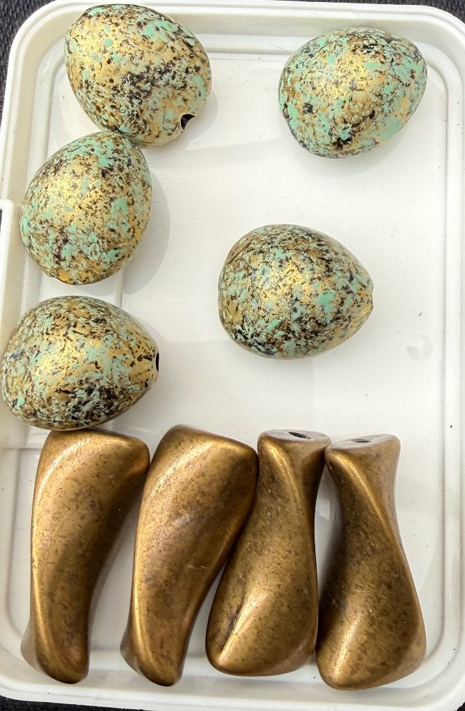 9 Grote Handgemaakte Designer Kralen Goud en Turquoise, Ophalen of Verzenden, Nieuw, Kraal