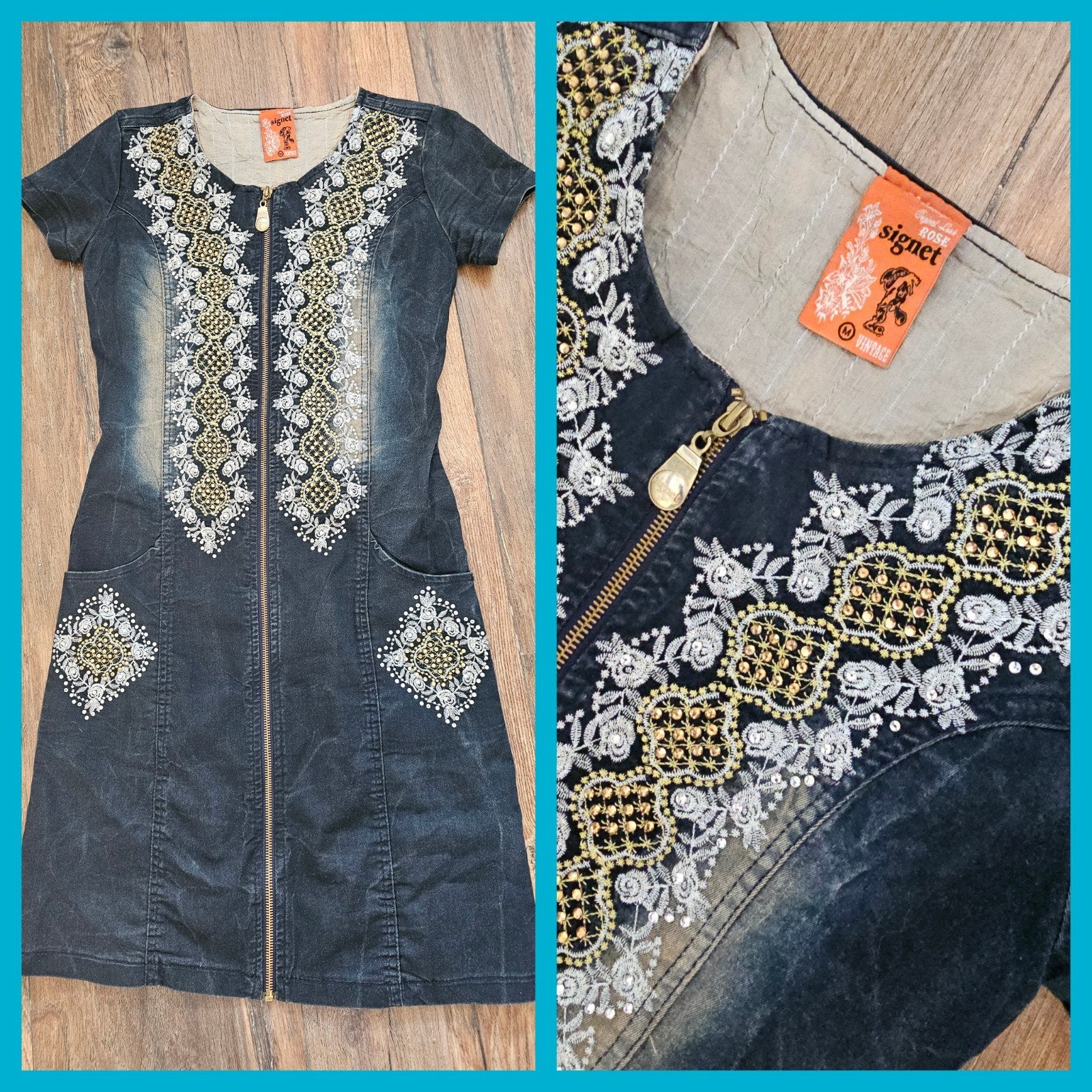 Signet vintage jeans jurk mt M in zeer goede staat, Ophalen of Verzenden, Zo goed als nieuw, Maat 38/40 (M)