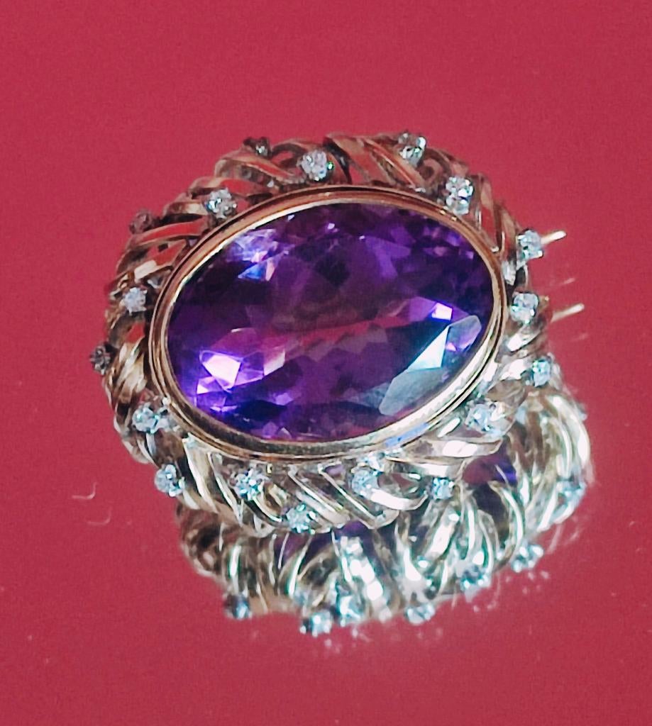 Antieke gouden broche mef amethist en diamanten, Ophalen of Verzenden, Goud, Broche, Met edelsteen