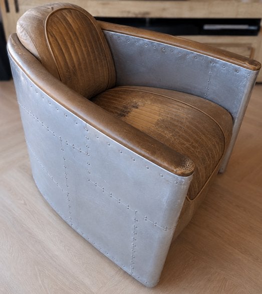 Set van 2 industriële Aviator fauteuils Aluminium en Leer, Huis en Inrichting, Fauteuils, Gebruikt, Vintage, 75 tot 100 cm, Ophalen of Verzenden