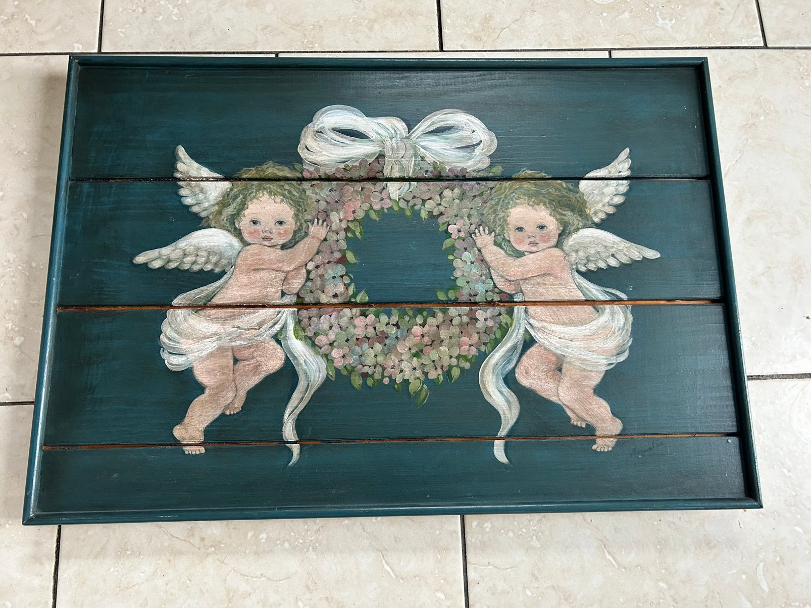 Vintage - Wanddecoratie Engelen op Hout - 60x40 cm, Ophalen, Zo goed als nieuw