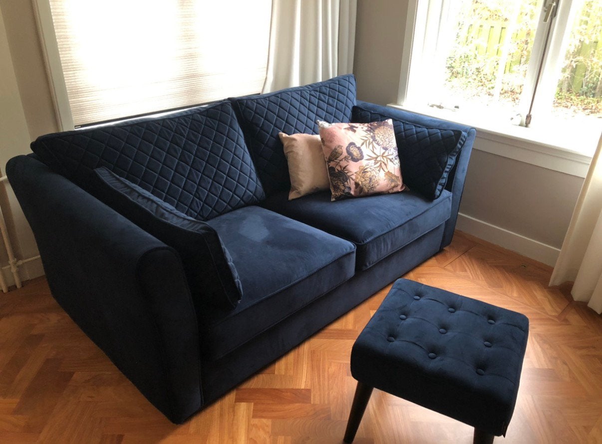 Luxe blauwe fluwelen / velvet bank - Urban Sofa, Ophalen, 150 tot 200 cm, Driepersoons, 75 tot 100 cm
