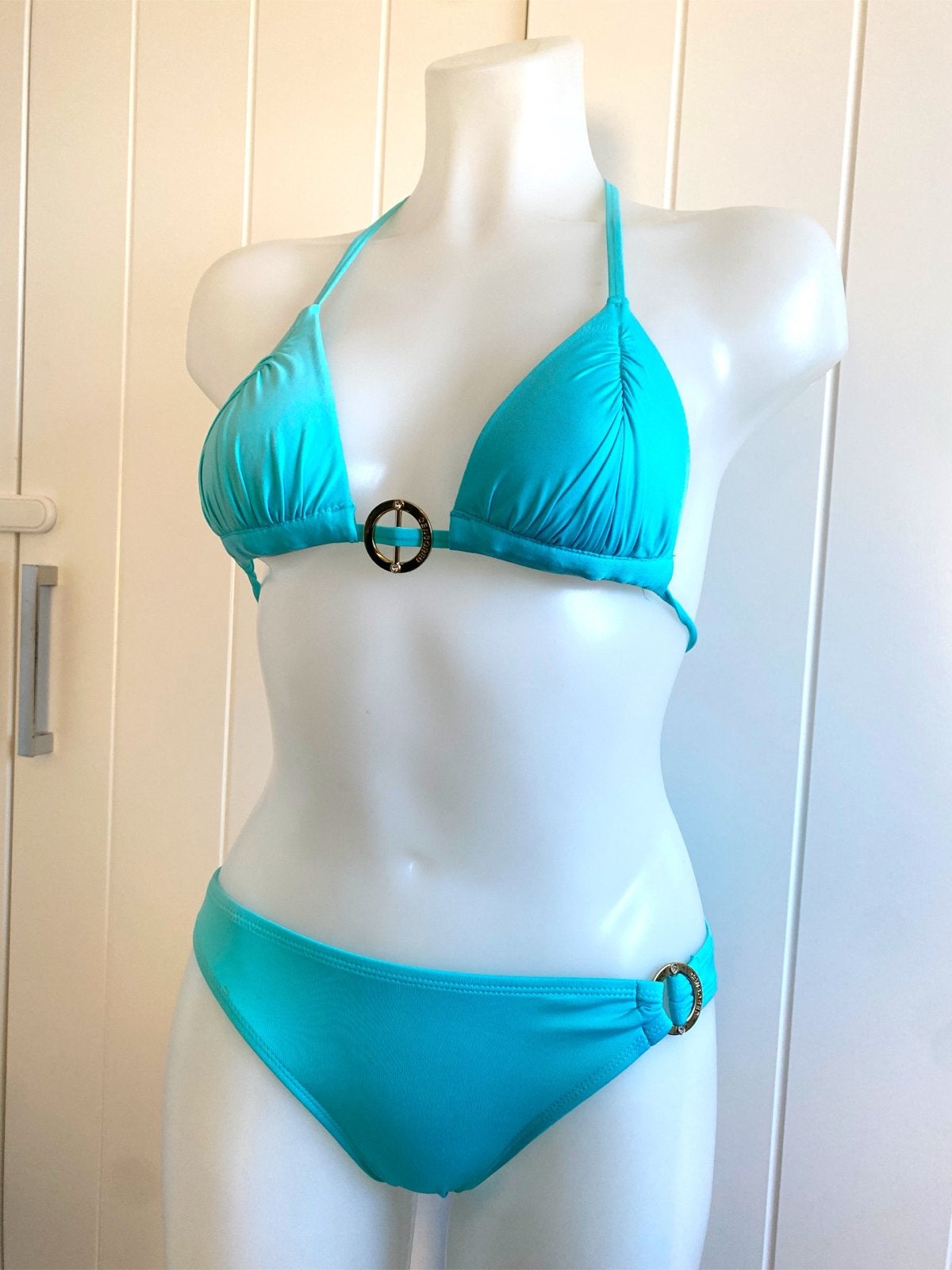 Turquoise bikini met gouden details maat S, Ophalen of Verzenden, Zo goed als nieuw, Blauw, Bikini