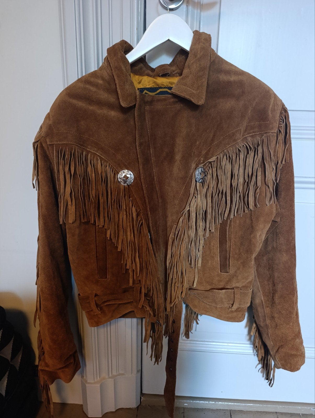 Vintage LEATHER Unisex cowboy jacket (42 women), Bruin, Maat 42/44 (L), GENUINE, Ophalen of Verzenden
