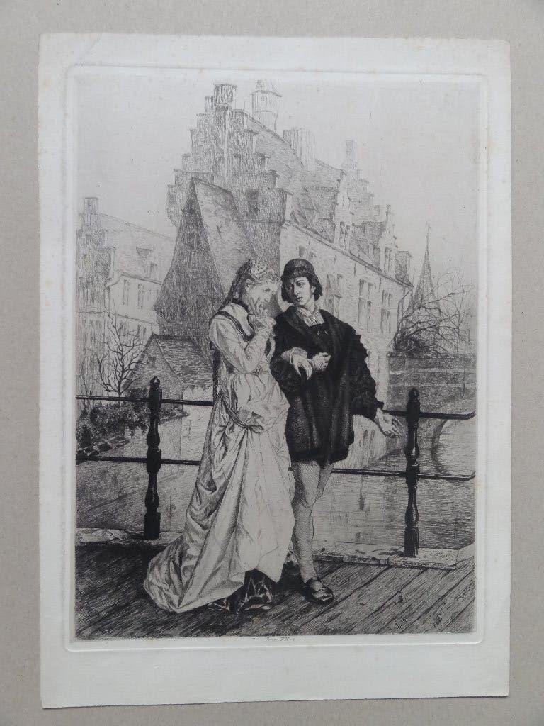 verliefd paar in middeleeuwse kleding op brug, Willem Geets, Gesigneerd, 31 cm, 1800 - 1899, Architectuur