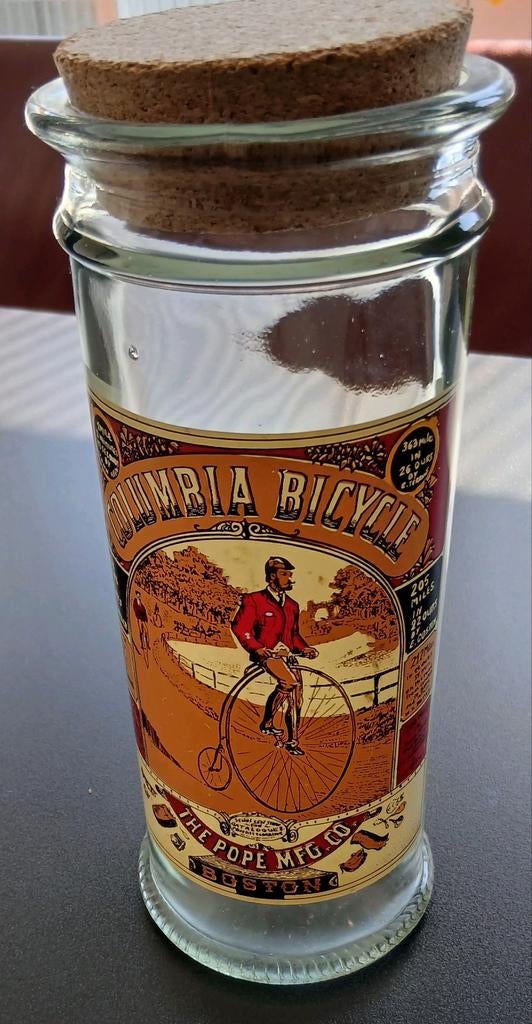Vintage glazen pot met kurk - Columbia Bicycle, Ophalen of Verzenden