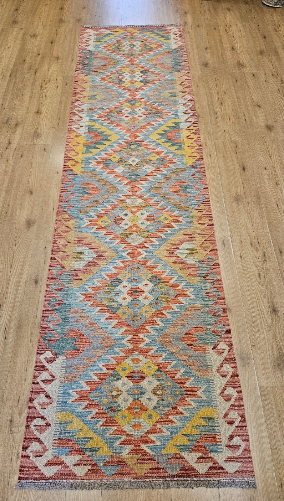 Handgeweven oosterse wollen kelim loper 304x80, Info@SlatsAntiek.nl, Vof Slats Antiek, Kelim, Blauw