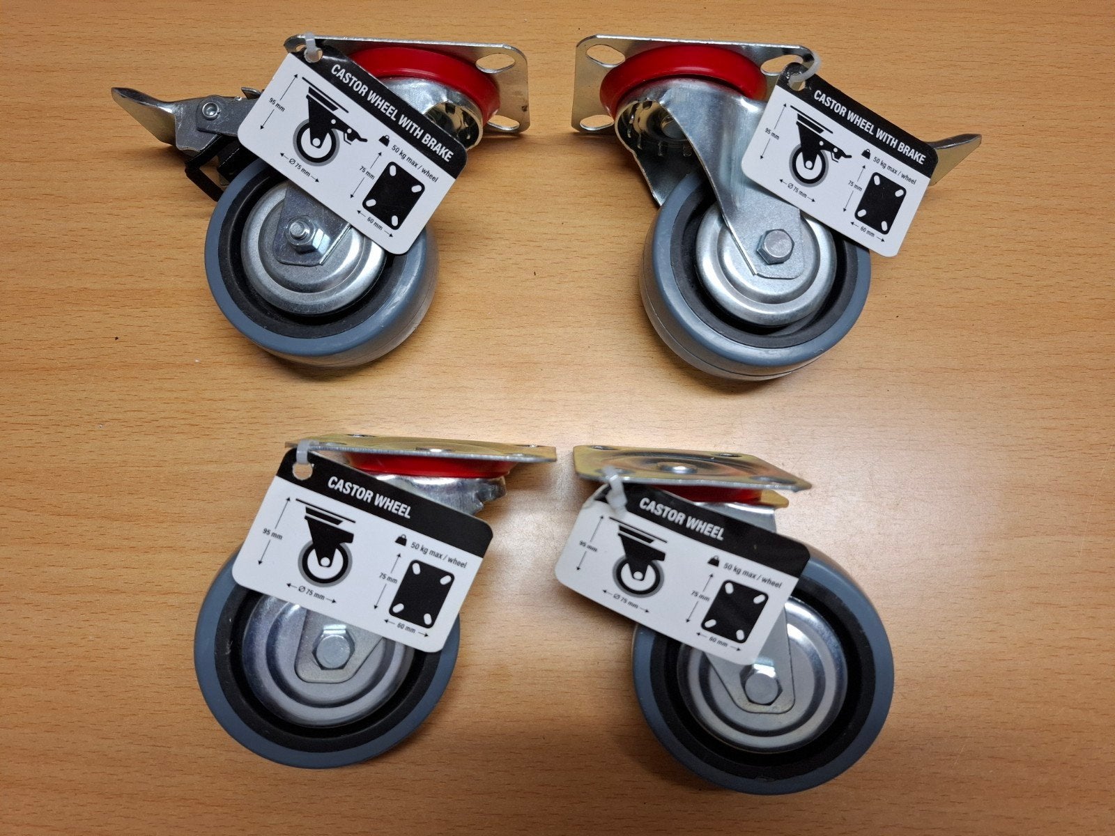 Set van 4 zwenkwielen met rem, 75mm, 50kg draagvermogen, Ophalen of Verzenden