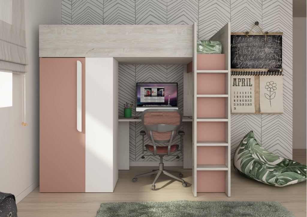 Studio 1809 hoogslaper met bureau en kast - 90x200 - Oudroze, Niet ingevuld, Niet ingevuld, Niet ingevuld