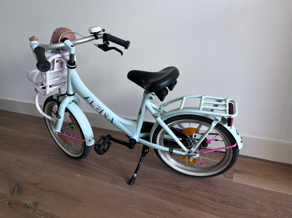 Alpina 16 inch mintkleurige meisjesfiets met voordrager., Ophalen, Terugtraprem, Gebruikt, Handrem