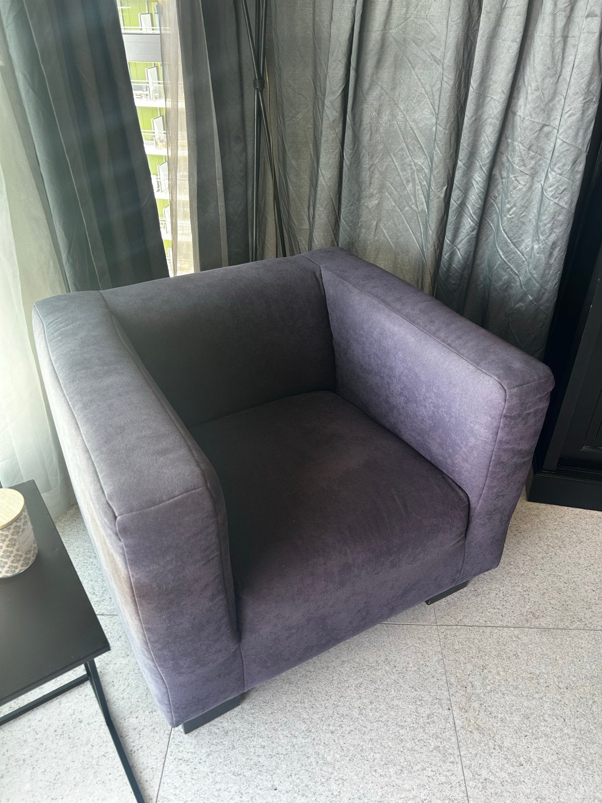 Comfortabele box design fauteuil in paars-grijs, Ophalen, Gebruikt, Stof, 75 tot 100 cm