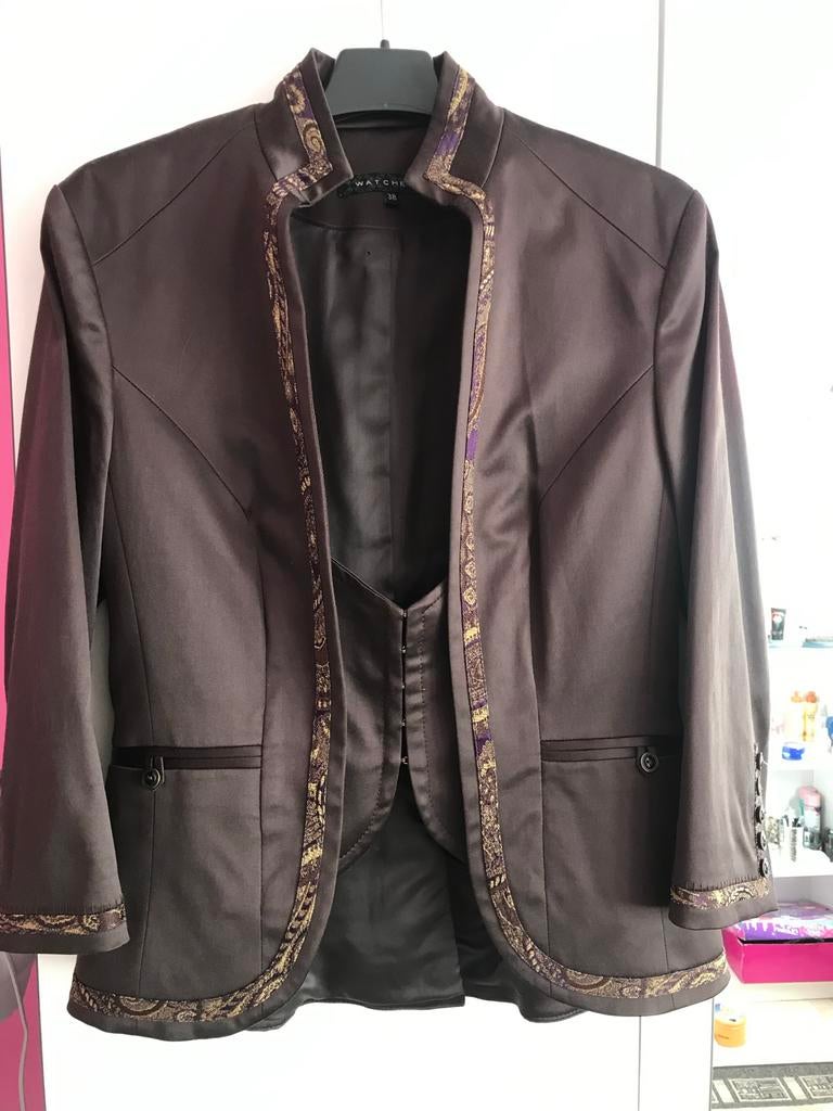 Chique bruin jasje met paisley print en bijpassende rok, Maat 38/40 (M), Bruin, Ophalen of Verzenden, Zo goed als nieuw