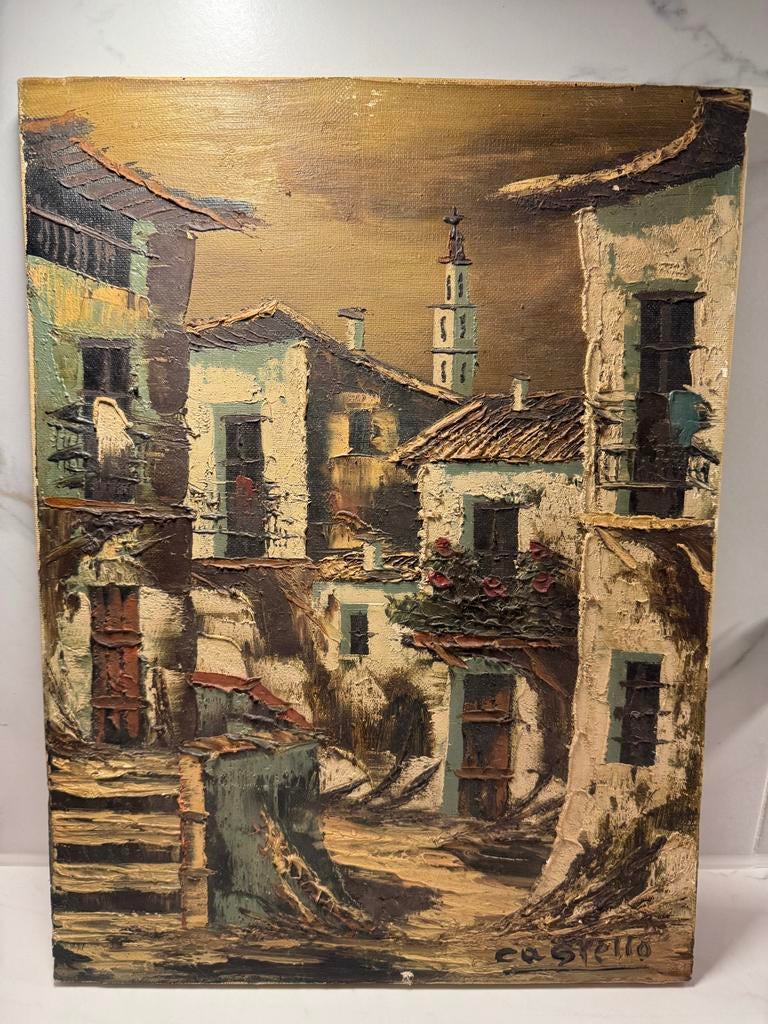 Olieverfschilderij van Gaston Castelló - Stadsgezicht, Ophalen of Verzenden