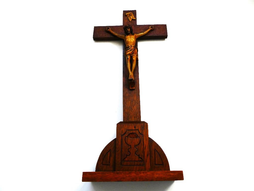 Hout kruisbeeld met corpus Jezus INRI kelk ca. 1850, Antiek en Kunst, Antiek | Religie, Ophalen of Verzenden