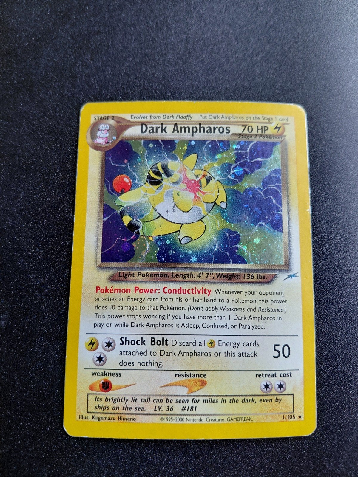 Dark Ampharos Neo Destiny 1/105 - Gebruikte staat, Ophalen of Verzenden, Gebruikt, Losse kaart, Foil