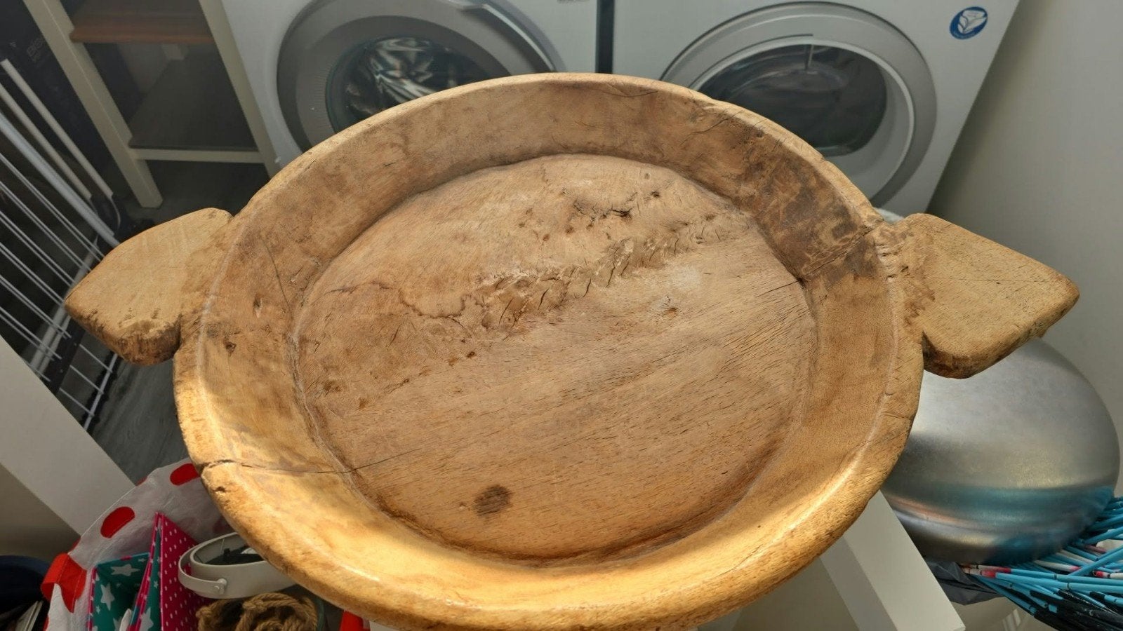 Antieke houten kom met handvatten - Rustieke decoratie, Ophalen